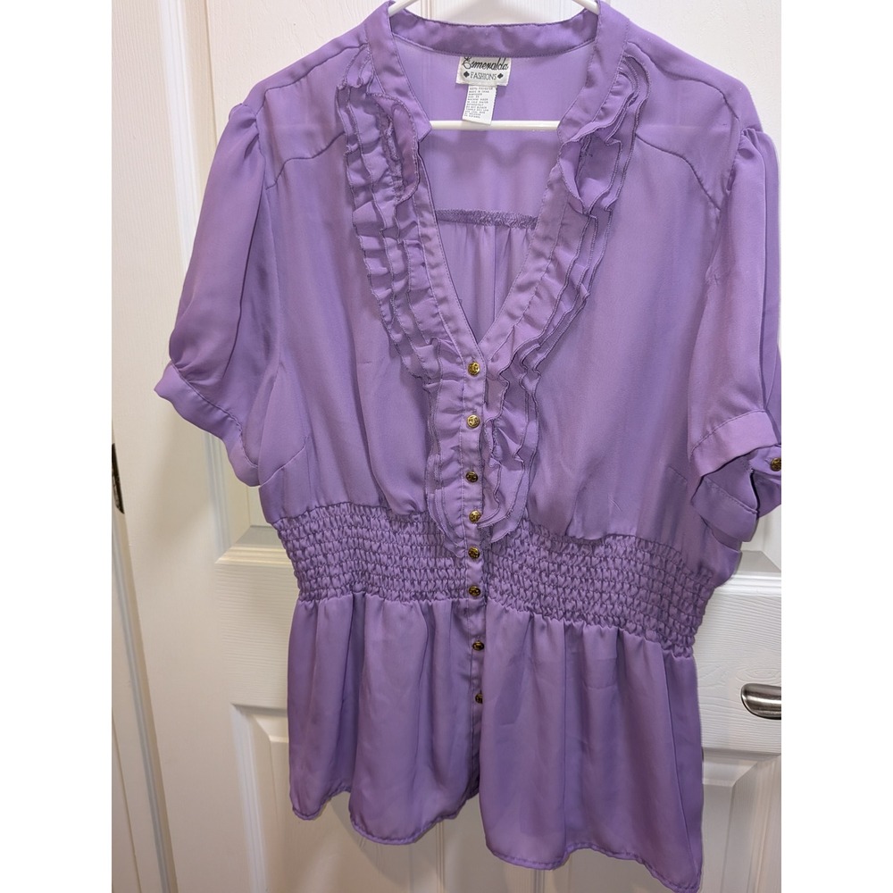 Esmeralda Fashions Purple Ruffle V-Neck Smocked Waist Blouse Plus Size 3X